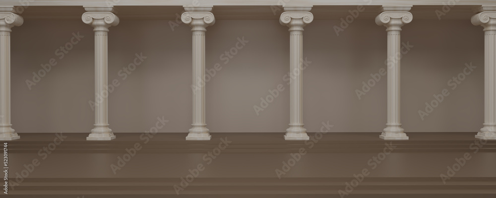 Fototapeta premium Panorama image of Ancient marble pillars in a row. Classic roman Columns stone, Pillars colonnade, classical interior architecture, and Ancient Greek architecture with pillars. banner. 3d rendering.
