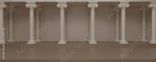 Panorama image of Ancient marble pillars in a row. Classic roman Columns stone, Pillars colonnade, classical interior architecture, and Ancient Greek architecture with pillars. banner. 3d rendering.