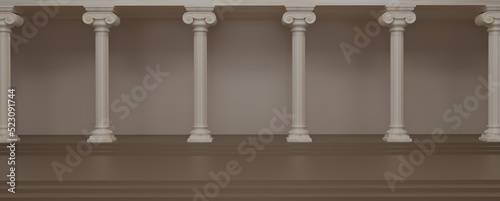 Panorama image of Ancient marble pillars in a row. Classic roman Columns stone, Pillars colonnade, classical interior architecture, and Ancient Greek architecture with pillars. banner. 3d rendering.