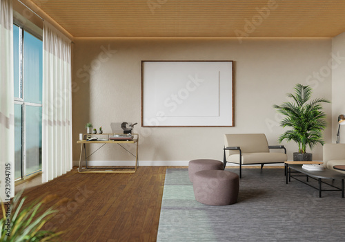 minimal interior style poster Mock up the living room wall. .copy space. 3D rendering.