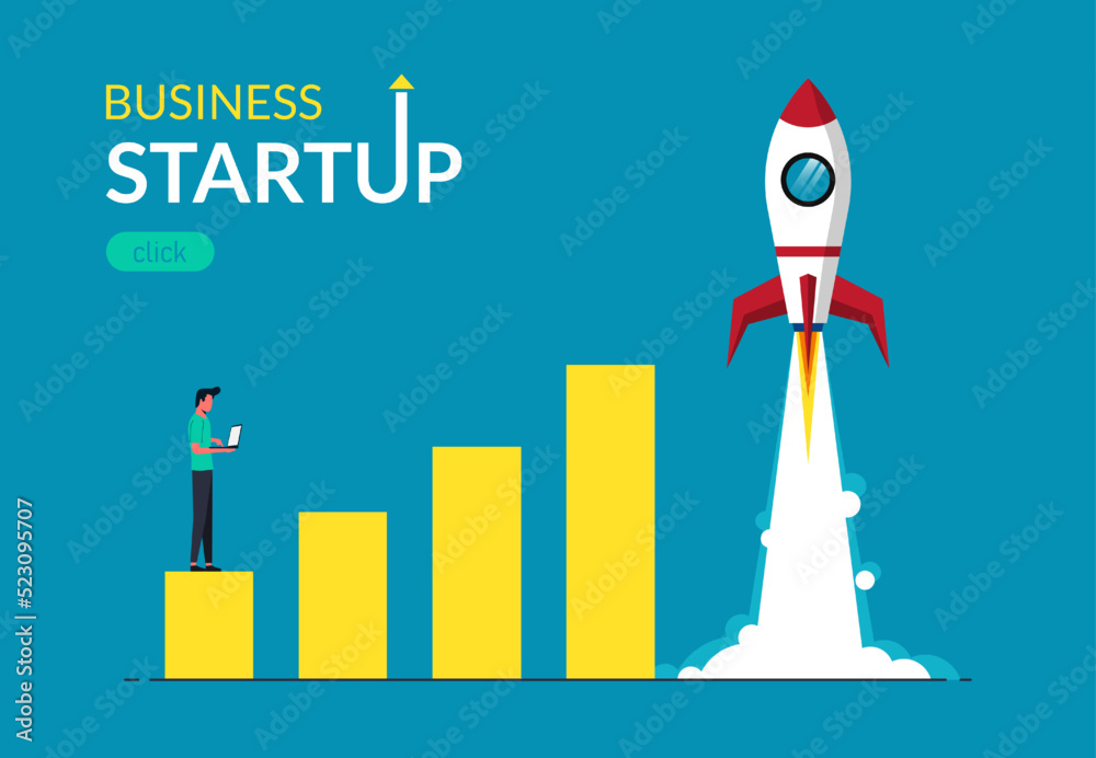 Businessman launch rocket. Business startup launching products with rocket symbol. Start up concept vector illustration Businessman launch rocket. Business startup launching products with rocket symbol. Start up concept vector illustration