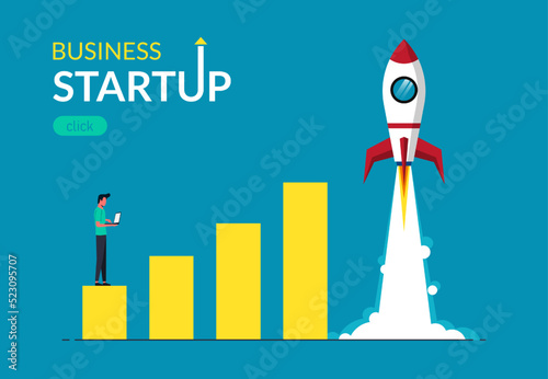 Businessman launch rocket. Business startup launching products with rocket symbol. Start up concept vector illustration © Diki
