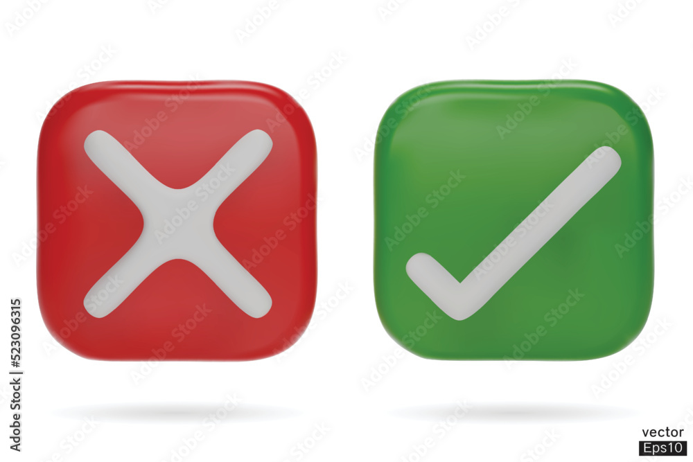 3D Checkmark and X mark icon set. Checkmark right symbol, tick sign. check and uncheck for web and mobile apps. 3D vector illustration. 3D Checkmark and X mark icon set. Checkmark right symbol, tick sign. check and uncheck for web and mobile apps. 3D vector illustration.
