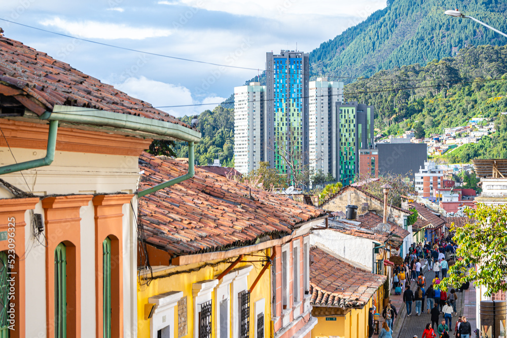 colorful street of la candelaria district in bogota, colombia