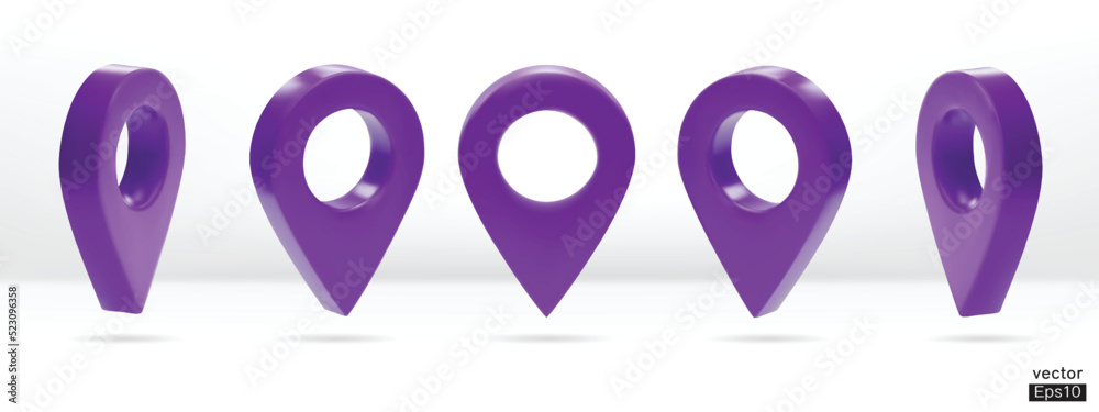Set of map pointer isolated on white background. Purple location pin or navigation. 3D Locator mark of map pointer, symbol, position. 3D vector illustration. Set of map pointer isolated on white background. Purple location pin or navigation. 3D Locator mark of map pointer, symbol, position. 3D vector illustration.