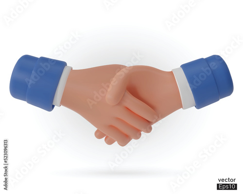 Hold one's hands cartoon icon design. People shaking hands. Business handshake, successful deal, partners, teamwork, Contract agreement, Partnership and cooperation concept. 3D vector illustration.