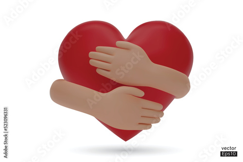 3D hands hugging a red heart with love. Hand embracing red heart isolated on white background. love yourself. Used for posters, postcards, t-shirt prints, and other designs. 3D vector illustration.