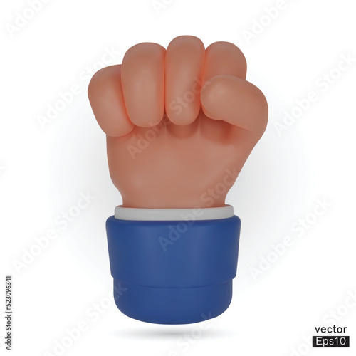 3d Business hand Fist gesture icon. Cartoon fist hand raised up on the white background. Fist clenched symbol. 3d vector illustration.