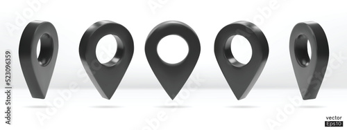 Set of map pointer isolated on white background. Black location pin or navigation. 3D Locator mark of map pointer, symbol, position. 3D vector illustration.