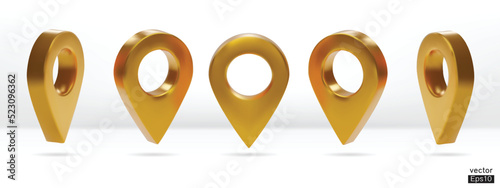 Set of map pointer isolated on white background. Gold location pin or navigation. 3D Locator mark of map pointer, symbol, position. 3D vector illustration.