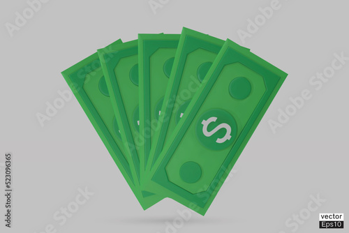 Fan banknote cartoon set minimal style isolated on white background. The pile of dollars cash, green banknotes. US Dollar bills icon. Banking finance investment, jackpot win. 3D vector illustration.