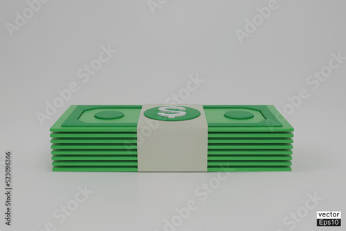 Bundle of money, green banknotes minimal style isolated on white background. The pile of dollars cash, US Dollar bills icon. Business investment profit, money-saving concept. 3D vector illustration.