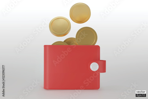 3d Wallet and gold coins on white background. Falling coins and a red purse. Cashless society concept. Growth, income, savings, investment. Symbol of wealth. Business success. 3d vector illustration.