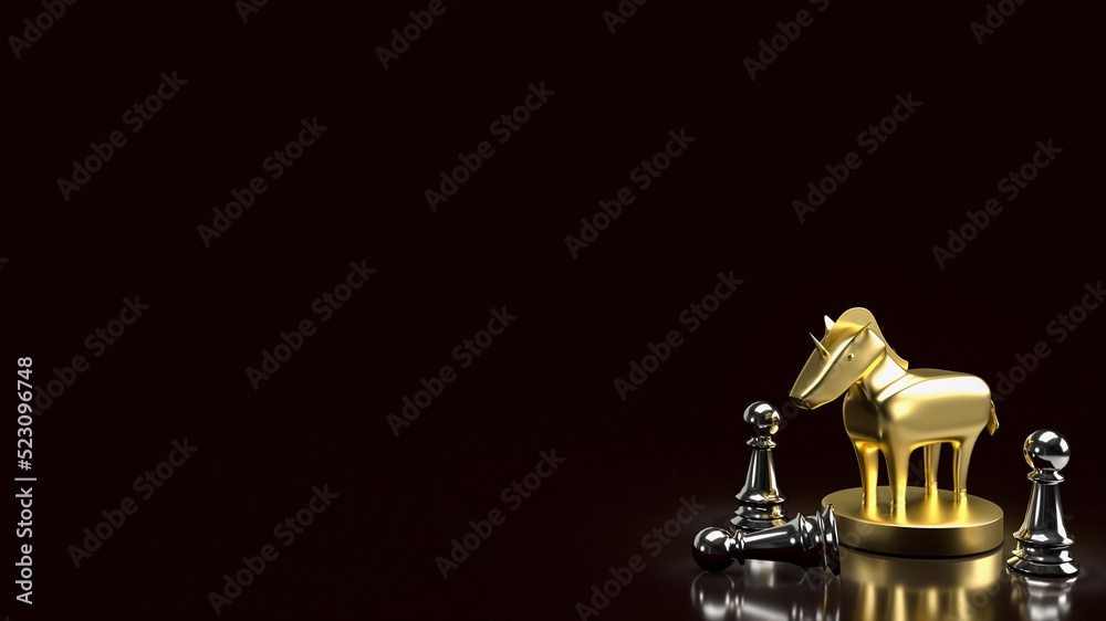 The gold unicorn and chess for start up or business concept 3d rendering
