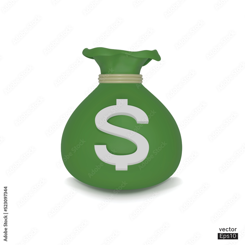 3D vector moneybag simple cartoon. Green money bag icon, Moneybag isolated on white background. Cashless society concept. Growth, income, savings, investment, wealth. 3d vector illustration. 3D vector moneybag simple cartoon. Green money bag icon, Moneybag isolated on white background. Cashless society concept. Growth, income, savings, investment, wealth. 3d vector illustration.