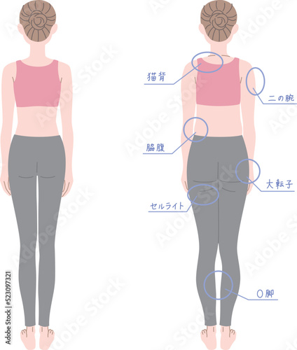 体型の異なる2人の後ろ姿の女性の全身イラストセット