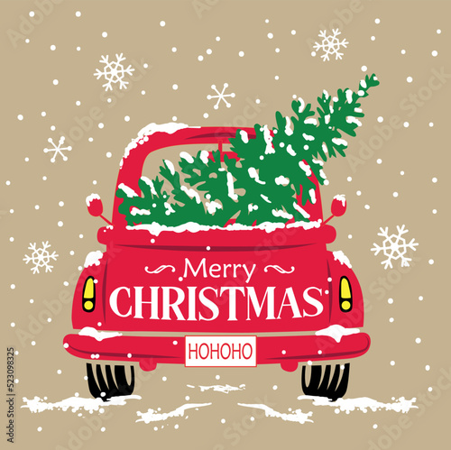 Christmas cute red truck pattern with merry Christmas wordings and tree -Christmas vector design