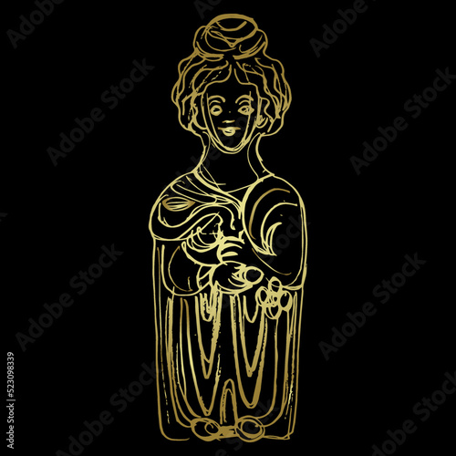 Gallo Roman mother goddess. Celtic woman. Antique sculpture. Hand drawn linear doodle rough sketch. Golden silhouette on black background.