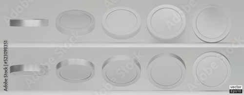 Set of rotating silver coins in different angles isolated on white background. Platinum money set. Aluminum medal used for gambling games, jackpot Cash treasure concept. 3d vector illustration.
