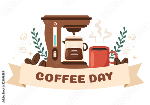 International Coffee Day on 1st October Hand Drawn Cartoon Flat Illustration with Cacao Beans and a Glass of Hot Drink Design