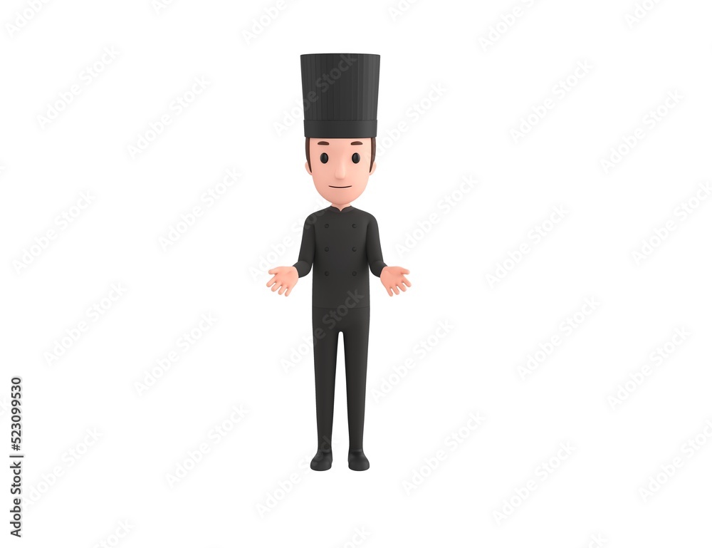 Chef In Black Uniform character show welcome gesture in 3d rendering.