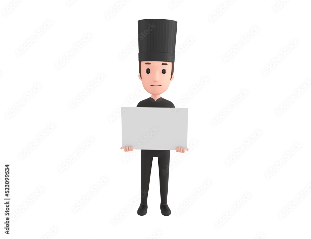 Chef In Black Uniform character holding a blank billboard in 3d rendering. Chef In Black Uniform character holding a blank billboard in 3d rendering.