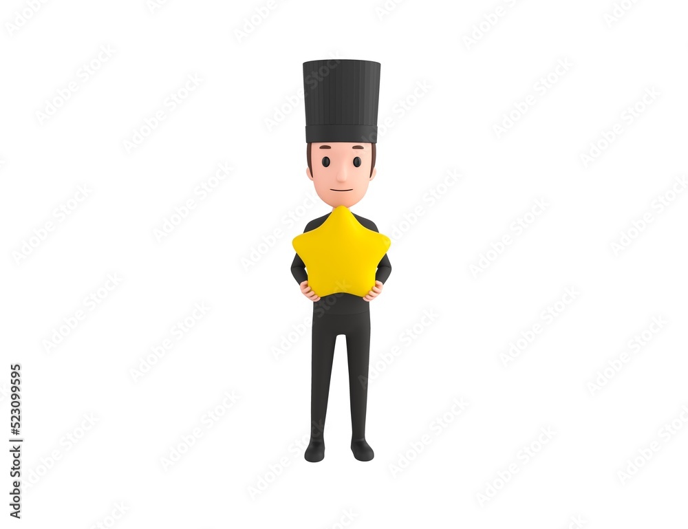 Chef In Black Uniform character holding star in 3d rendering. Chef In Black Uniform character holding star in 3d rendering.