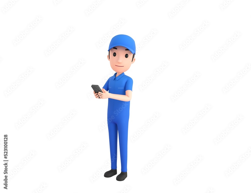 Mechanic character using smartphone and looking to camera in 3d rendering. Mechanic character using smartphone and looking to camera in 3d rendering.
