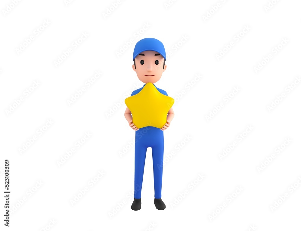 Mechanic character holding star in 3d rendering. Mechanic character holding star in 3d rendering.