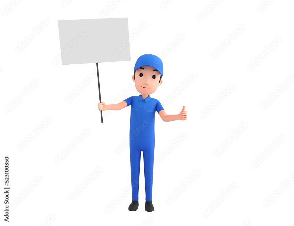 Mechanic character holding a blank billboard and give thumb up in 3d rendering. Mechanic character holding a blank billboard and give thumb up in 3d rendering.