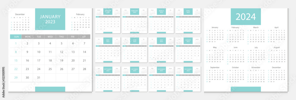 Calendar 2023, calendar 2024 week start Sunday corporate design template vector. Calendar 2023, calendar 2024 week start Sunday corporate design template vector.