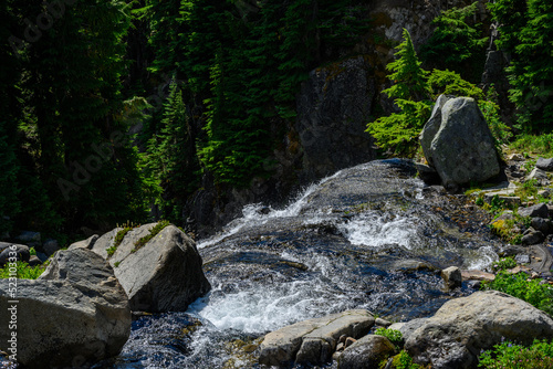 View of Myrtle Falls from the top on a sunny summer day at Paradise area of Mt. Rainier national park, USA 