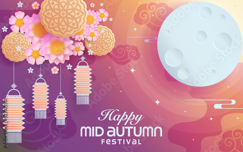 Mid autumn festival paper art style with full moon, moon cake, chinese lantern and rabbits on background
