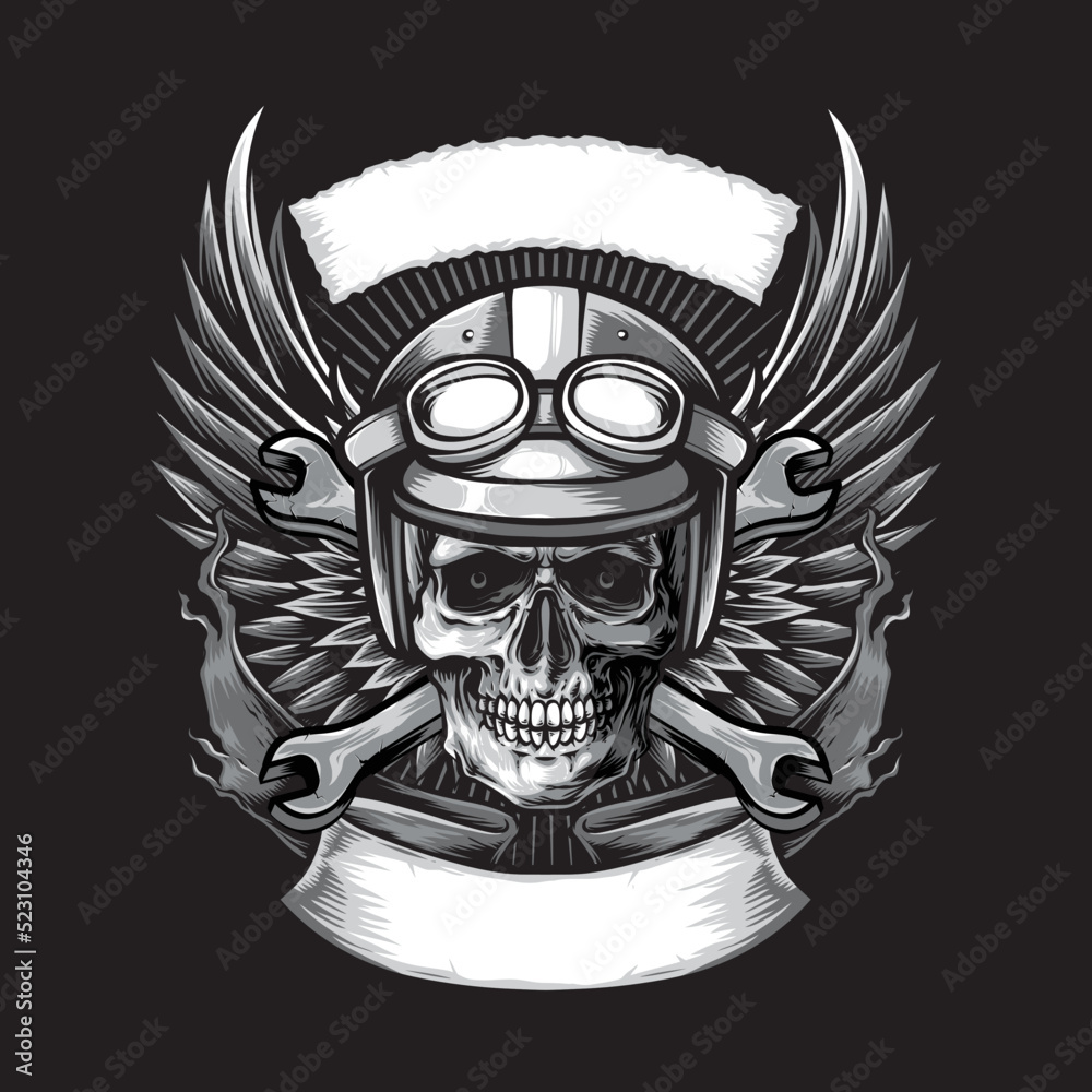 Fototapeta premium biker skull with wings and banner illustration.jpg