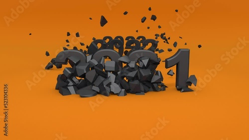 Numbers 2019, 2020, 2021, 2022, 2023. It's crumbling from young numbers. The broken pieces are blown away by the wind. 2023 numbers at the end.