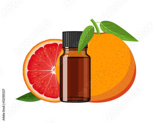 Grapefruit essential oil in brown glass bottle, herbal alternative medicine treatment product, vector Illustration on white background