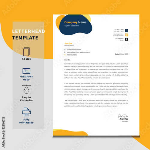 Corporate letterhead Design Template, Yellow and Blue Fully Editable Professional Letterhead