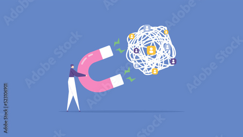 digital marketing and promotion. attract the attention of followers, audiences, customers, clients. a businessman or influencer uses a magnet to attract people. flat cartoon illustration. concept 