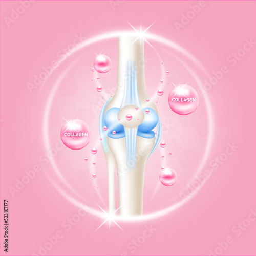 Collagen help heal arthritis knee joint, pain in leg. Healthy bone skeleton x ray scan on pink background. Used for nutrition products food template design. Isolated 3D Vector EPS10.