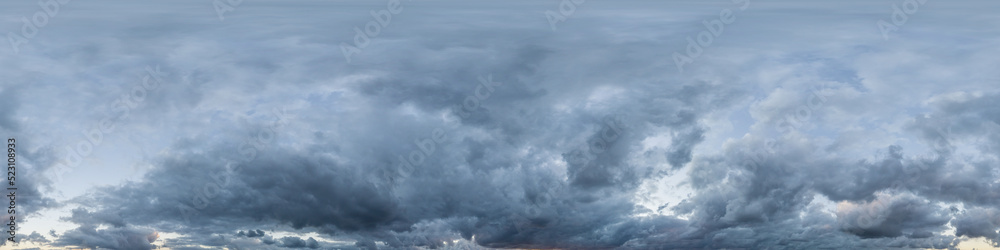 Overcast sky panorama on rainy day with Nimbostratus clouds in seamless spherical equirectangular format. Full zenith for use in 3D graphics, game and for aerial drone 360 degree panorama as sky dome.