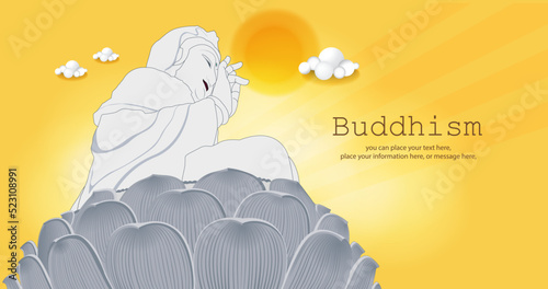 Guan Yin Buddha statue in meditation at beautiful moonlight and background release lamp vector illustration background - Magha Puja, Asanha Puja, Vesak Puja Day,