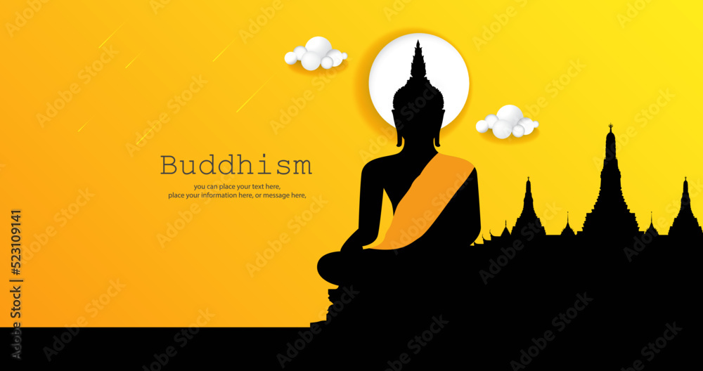 Buddha meditating shadow vector illustration background - Magha Puja, Asanha Puja, Vesak Puja Day, Buddhist holiday concept. Thailand culture