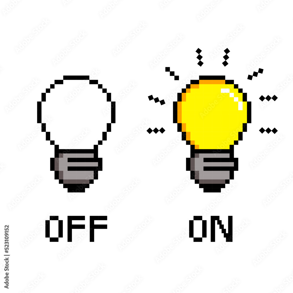 pixel light bulb, on/off switch, 8 bit, white background symbol of thought