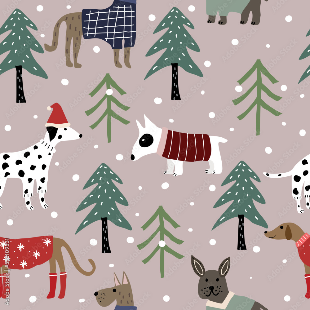 Seamless Christmas pattern featuring different breeds of dogs, Christmas trees and snow.Colorful vector flat for kids. hand drawing. baby design for fabric, print, wrapper, textile Seamless Christmas pattern featuring different breeds of dogs, Christmas trees and snow.Colorful vector flat for kids. hand drawing. baby design for fabric, print, wrapper, textile