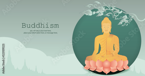 Vesak day banner of big buddha statue green color vector background - Temple religion Thailand culture