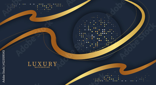 Abstract curve overlapping on dark blue background with glitter and golden lines glowing dots golden combinations. Luxury and elegant design.