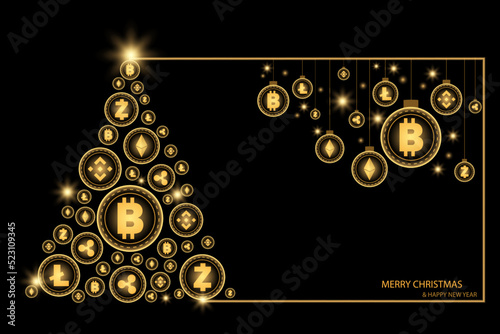 Christmas and New year concept. Golden Christmas tree and bauble ball hanging by shiny cryptocurrency coin on black background.