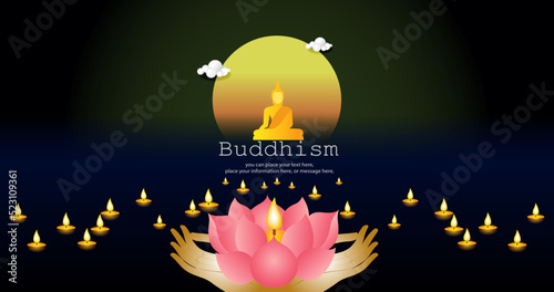 Candle and buddha statue, pink lotus flower with sunset yellow vector background. Vesak day banner architecture