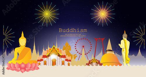 Big buddha sitting on the lotus, Thai temple fair vector background - Magha Puja, Asanha Puja, Vesak Puja Day, Buddhist holiday concept. Thailand culture