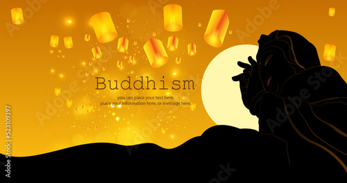 Shadow of the sitting Guan Yin Buddha statue in meditation at beautiful moonlight and background release lamp vector illustration background - Magha Puja, Asanha Puja, Vesak Puja Day,